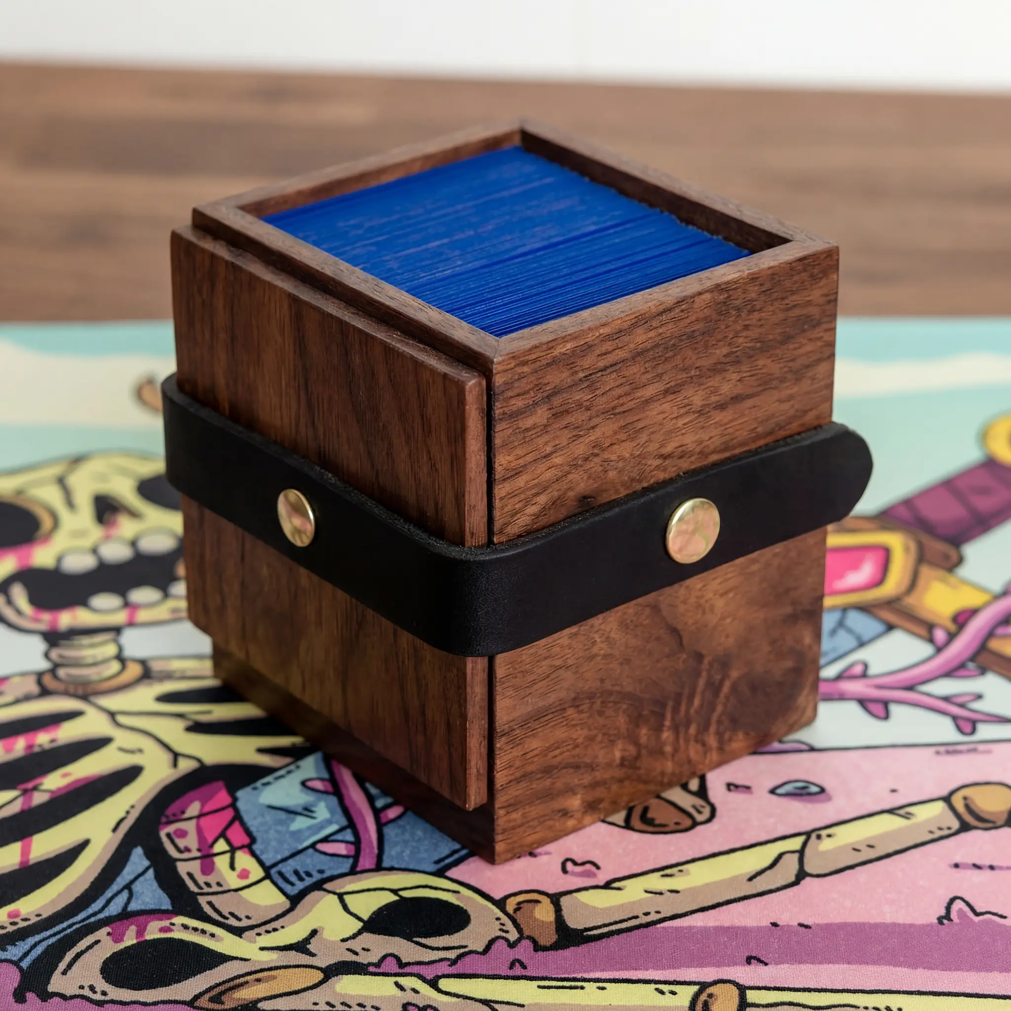 Walnut deck box open showing 100+ sleeved cards inside