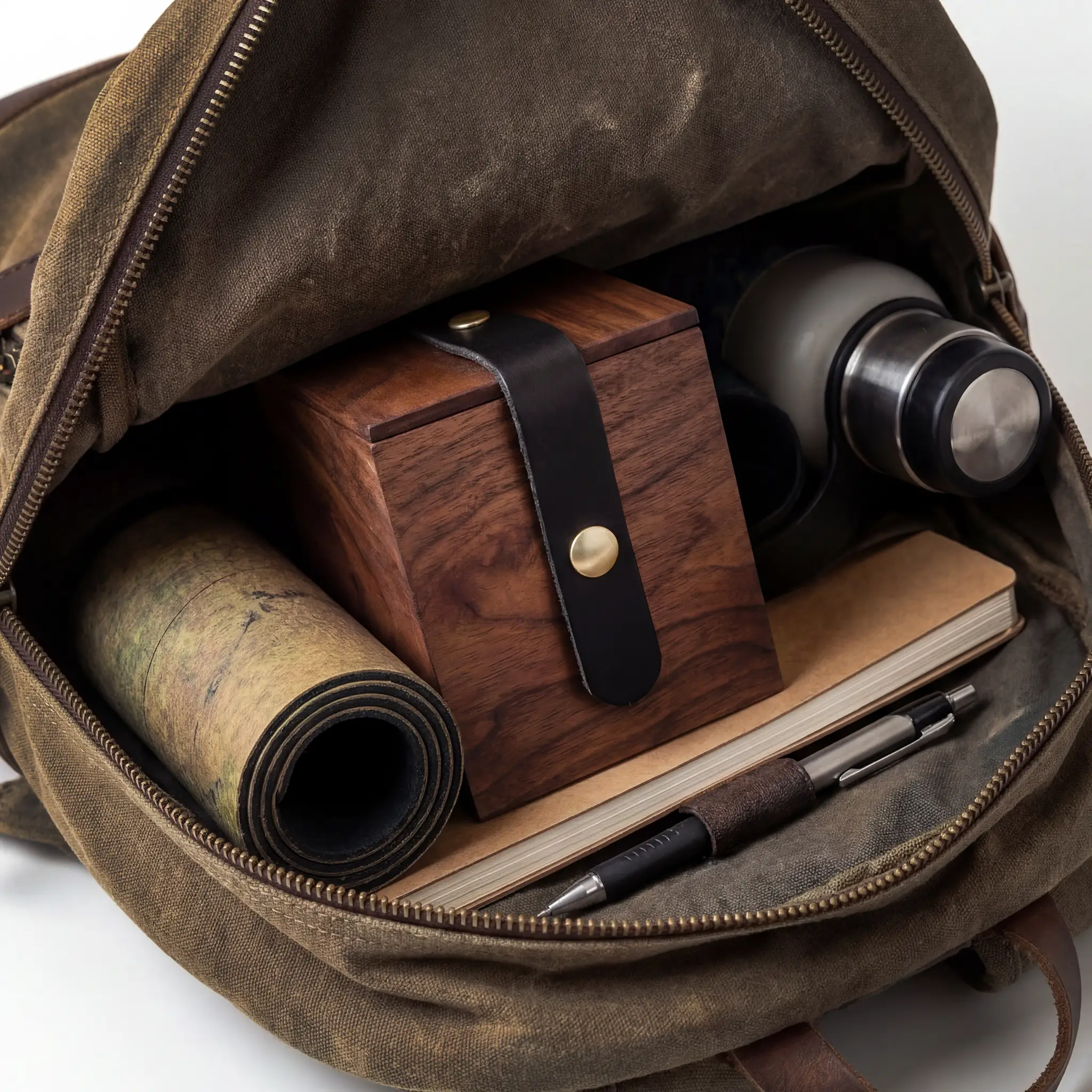 Heirloom Vault deck box fitting easily in a backpack